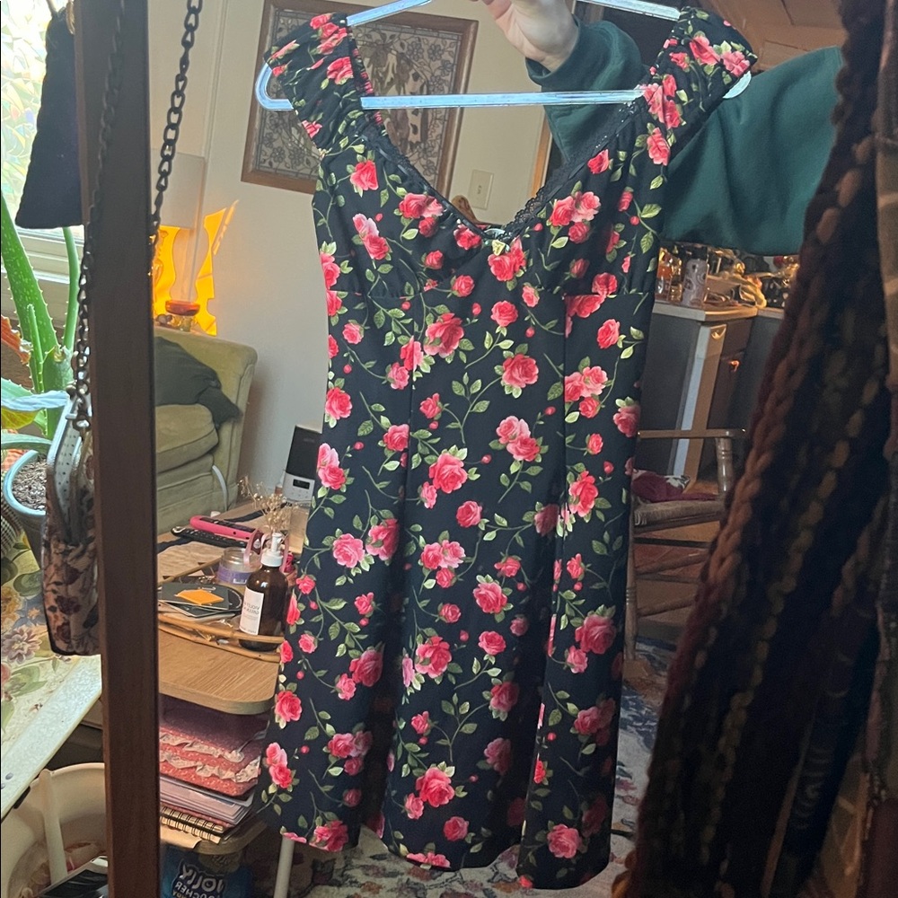 Black Dress with Red Floral Design